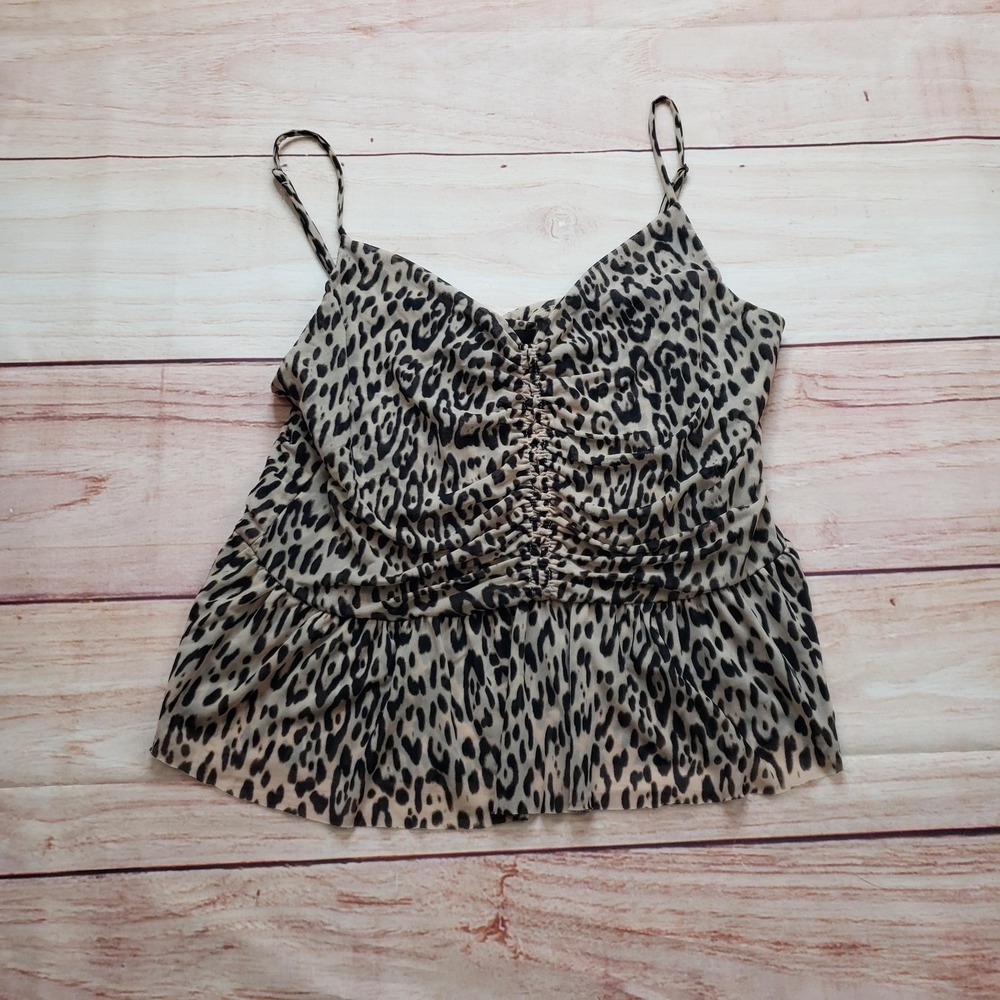 GUESS‎ Tank Womens L Beige Animal Print Camisole Strappy Ruffle Lined Mesh